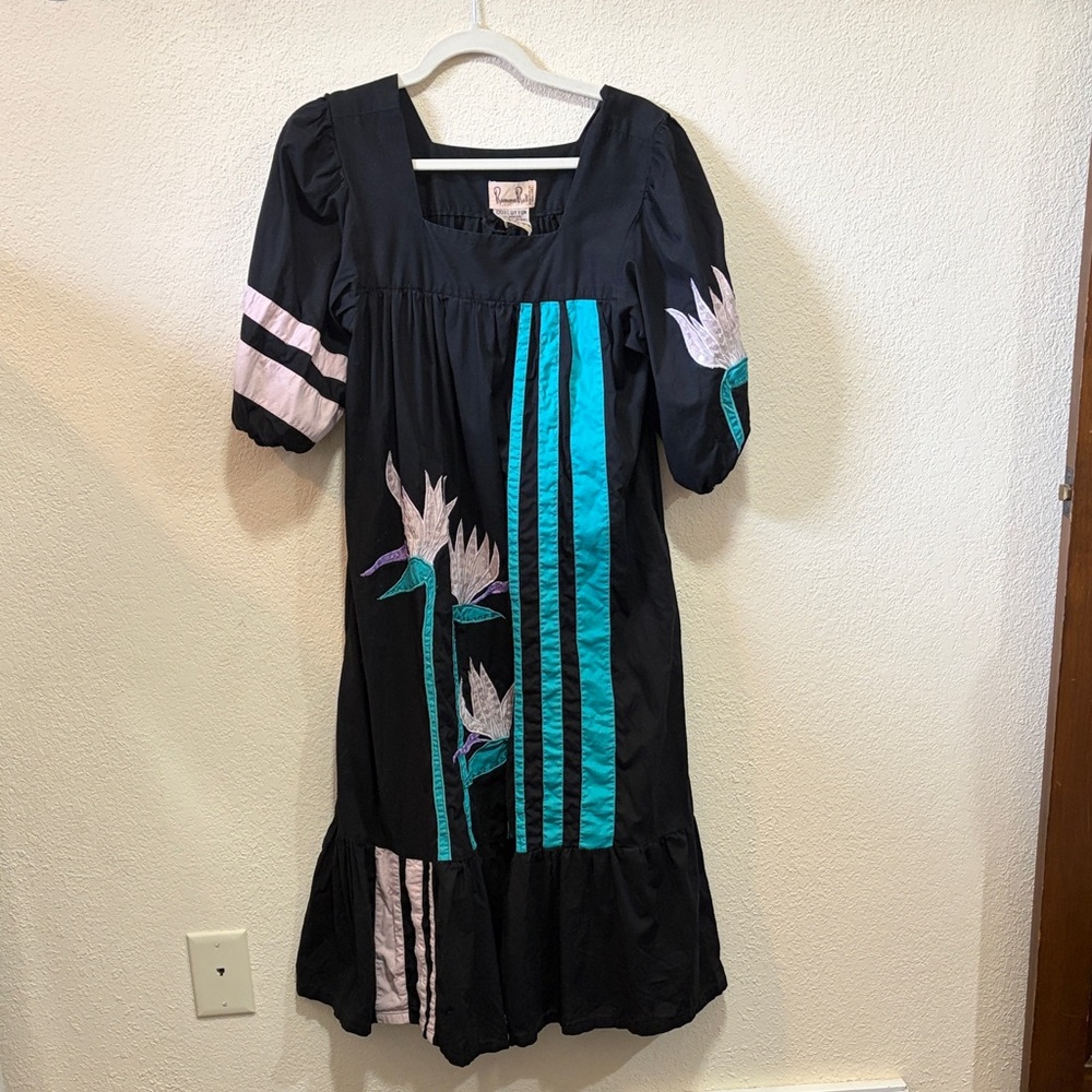 Vintage Ramona Rull Kaftan Dress Black Cotton Bird of Paradise Art Deco 80s